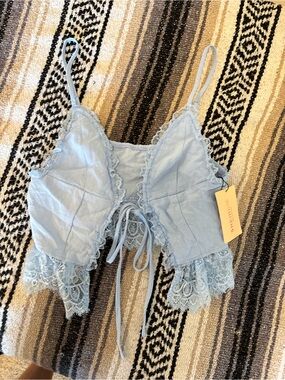 Light Blue Lace Trim Bralette with Tie Front